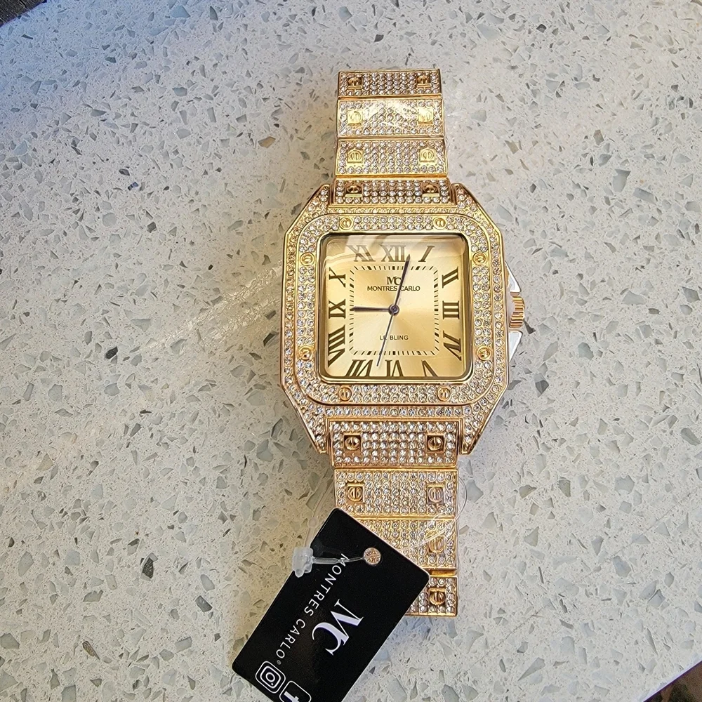 💎 Montres Carlo 45mm Pave Crystal Chunky Quartz Watch Gold Tone Iced Out Bling